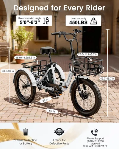 Vista 8 de MOONCOOL Triciclo eléctrico para adultos, 500 W/750 W 48 V, triciclo eléctrico plegable de potencia máxima 1100 W, neumático grueso de 20 x 3.0