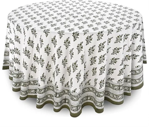 Vista 29 de Ridhi Mantel redondo con estampado de bloque a mano, 100% algodón, reutilizable, rojo sangría de 110 pulgadas, mantel decorativo para uso diario