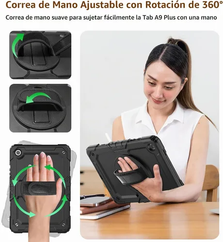 Vista 4 de DUNNO Funda para Samsung Galaxy Tab A9+ Plus de 11 pulgadas 2023, a prueba de golpes con protector de pantalla, soporte giratorio de 360°, correa
