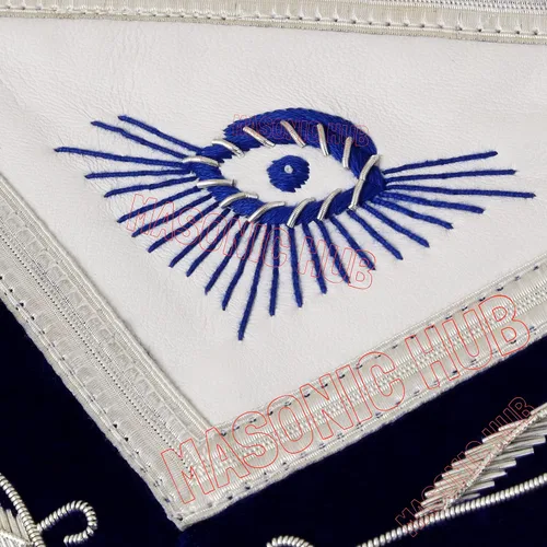 Vista 3 de Past Master con borde bordado masónico 100% piel de cordero delantal - Azul y Blanco, Azul