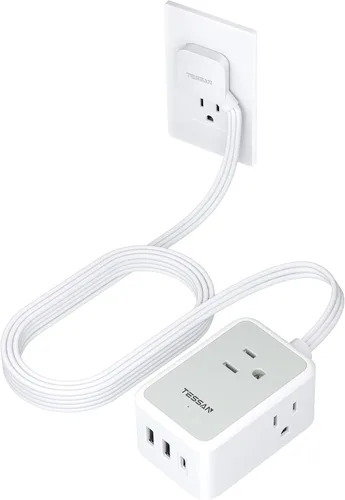 Vista 8 de TESSAN - Tira de alimentación de enchufe plano pequeña, cable de extensión ultrafino de 5 pies, color negro