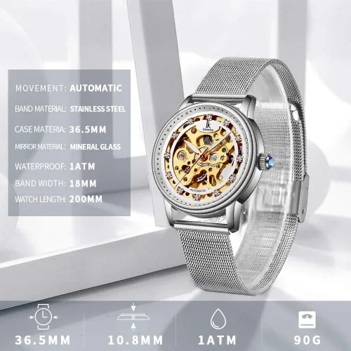 Vista 3 de Gute Reloj de pulsera mecánico de lujo para mujer, esqueleto de acero inoxidable, steampunk automático, cuerda automática