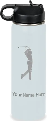Vista 40 de LaserGram Botella de agua personalizada, golfista de golf, acero inoxidable de doble pared aislada al vacío con popote superior, regalo grabado Negro