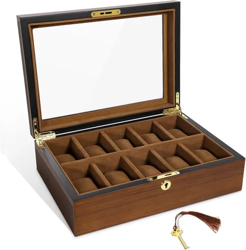 Vista 8 de Uten Caja de reloj con 10 ranuras, organizador de caja de reloj con cerradura dorada y llave, caja de almacenamiento de madera con cojines de reloj