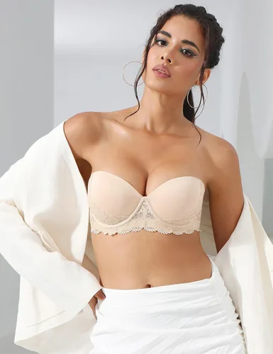 Vista 4 de Brasier de encaje con espalda transparente sin tirantes, súper acolchado, con tirantes convertibles, con aros, para mujer