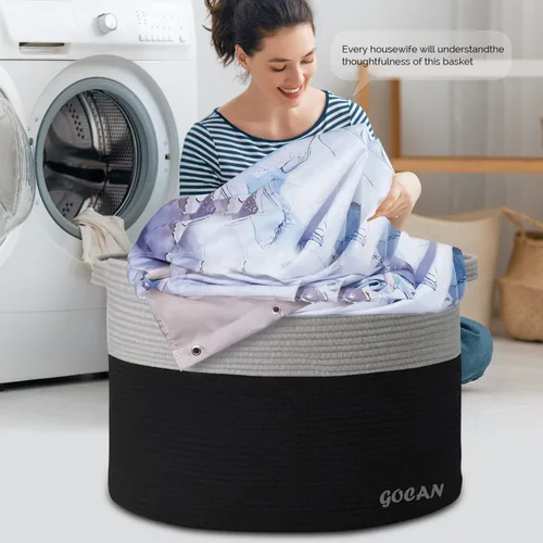 Vista 5 de GOCAN Cesta de almacenamiento extragrande para lavandería, 22 x 22 x 14 pulgadas, cesta tejida de cuerda de algodón para manta con asas para sala