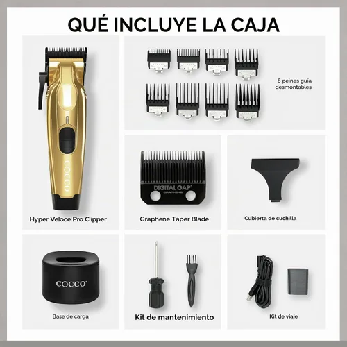 Vista 6 de Cocco Veloce Pro Clipper, Digital Gap Ambassador Graphene Taper Blade Profesional Clipper, Motor BLDC de alto par, totalmente metálico, inalámbrico