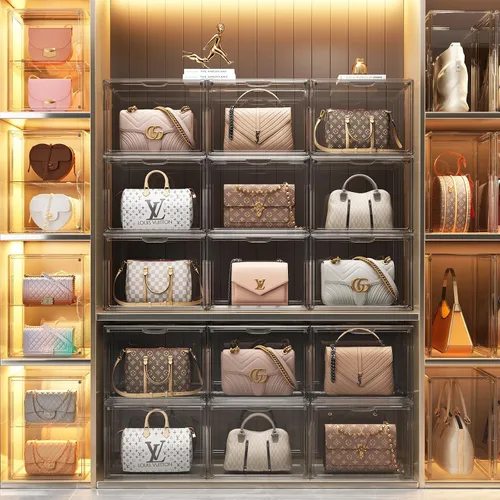 Vista 5 de Organizador de bolso para armario, organizador de almacenamiento de bolso, caja de exhibición apilable con puerta magnética, vitrina acrílica