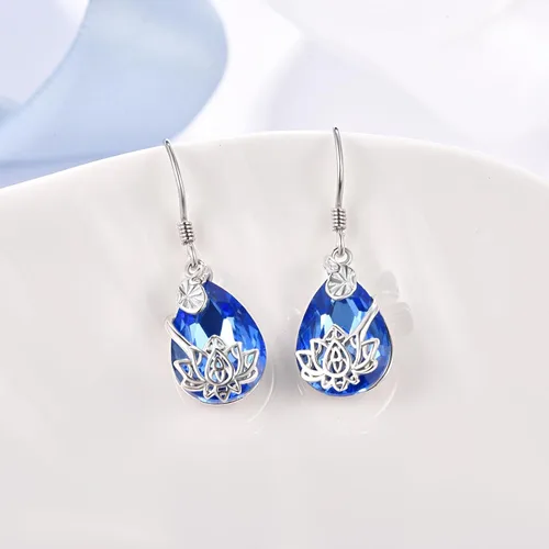 Vista 2 de Aretes de loto de plata de ley 925 con diseño de loto, aretes colgantes de loto azul zafiro, regalo de joyería para mujeres y niñas, Plata de ley