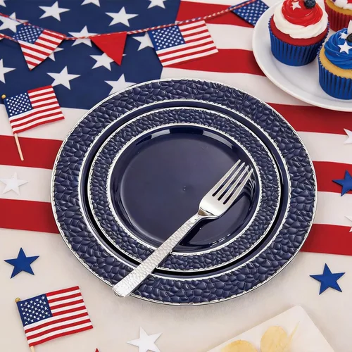 Vista 2 de Ciaell 150 platos de plástico azul y plateado – El plato desechable azul incluye 50 platos, 25 cuchillos, 25 tenedores, 25 cucharas, 25 tazas