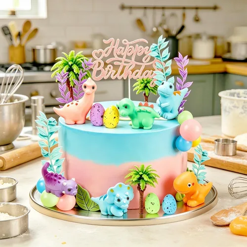 Vista 4 de 35 adornos de dinosaurios para tartas con huevos de dinosaurio, hojas, rosa, morado, azul, amarillo, verde, bolas para decoración de pasteles