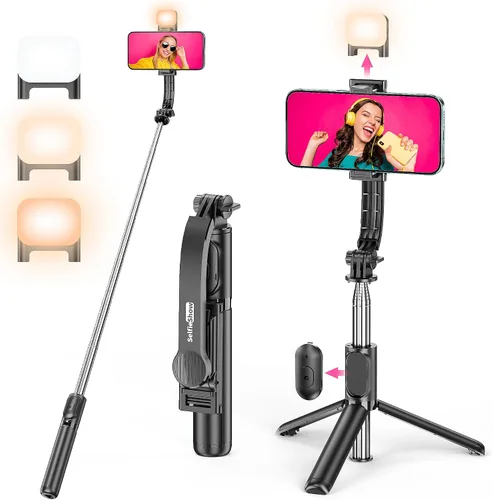 Vista 10 de SelfieShow Selfie Stick, Palo de Selfie Extensible con Trípode, Control Remoto Inalámbrico y Soporte de Trípode, Portátil, Ligero, Compatible