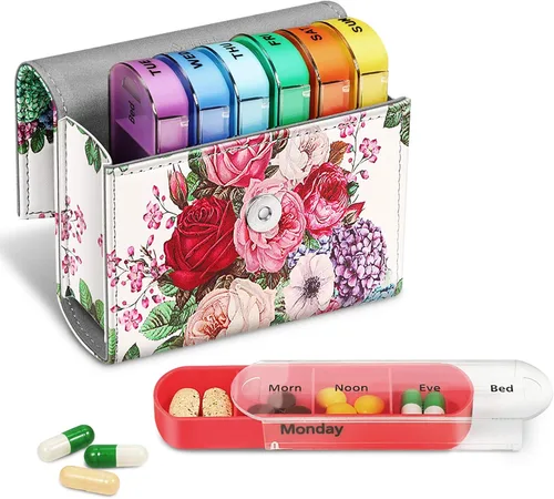 Vista 10 de FINPAC Organizadores semanales de píldoras 4 veces al día, estuche abierto de piel sintética, pastillero de viaje, recordatorio de medicina Hibisco