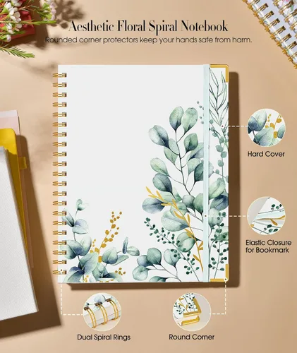 Vista 2 de Cuaderno estético en espiral para mujer, 200 páginas, cuadernos rayados de 8.5 x 11 pulgadas, diarios en espiral grandes de tapa dura A4 con papel
