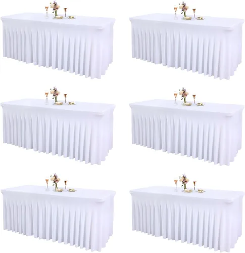 Vista 33 de Paquete de 2 manteles color azul bebé para mesa rectangular de 4 pies, manteles de elastano elásticos de 4 pies, falda blanca rectangular para baby
