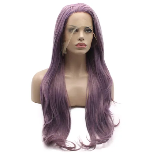 Vista 2 de Lushy Peluca de cabello sintético con encaje frontal, ondulada, larga, de 26 pulgadas, mezcla morada, peluca de densidad completa, resistente al