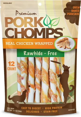 Vista 12 de Pork Chomps Masticables para perros de piel de cerdo al horno, 5 en mini giros, Pepperoni, 30 unidades Horneado con piel de cerdo real: un