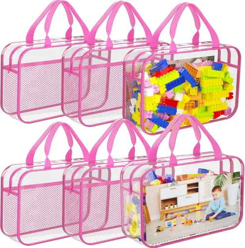 Vista 10 de Juego de 4 bolsas de almacenamiento de juguetes con cremallera para niños y niñas, bolsas organizadoras grandes de PVC con bolsillos laterales