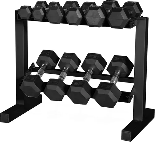 Vista 2 de CAP Barbell Juego de mancuernas de 150 libras con estante de 2 niveles Múltiples opciones Negro