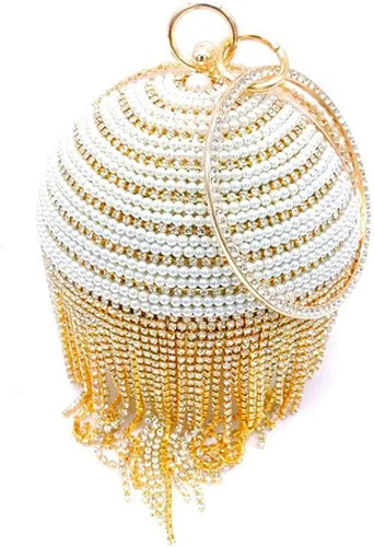 Vista 5 de QZUnique Bolso de mano redondo con borla de cristal y perlas asa redonda para boda bolso de hombro