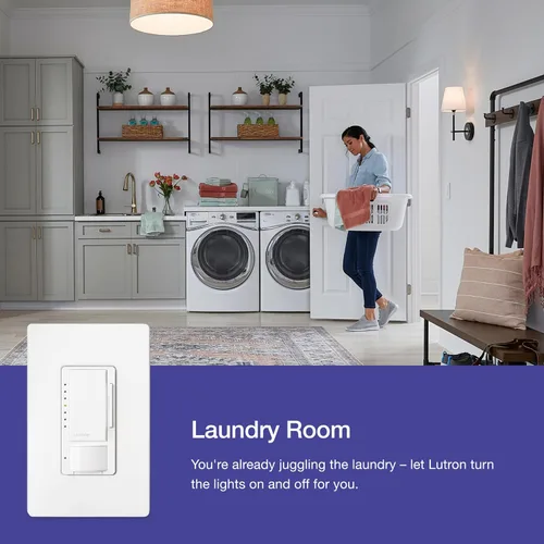 Vista 2 de Lutron Maestro Interruptor LED+ con sensor de movimiento/atenuador con placa de pared 150W LED Un polo/múltiples ubicaciones MSWCL-OP153M-WH