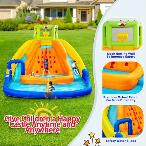 Vista 2 de WELLFUNTIME - Tobogán de agua inflable, casa de rebote con cubo de agua, piscina profunda, pared de escalada con cuerda, castillo hinchable
