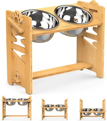 Vista 15 de Cuencos elevados para perros, soporte elevado ajustable para mascotas de tamaño mediano, alimentador de alimentos de bambú resistente con 2 platos