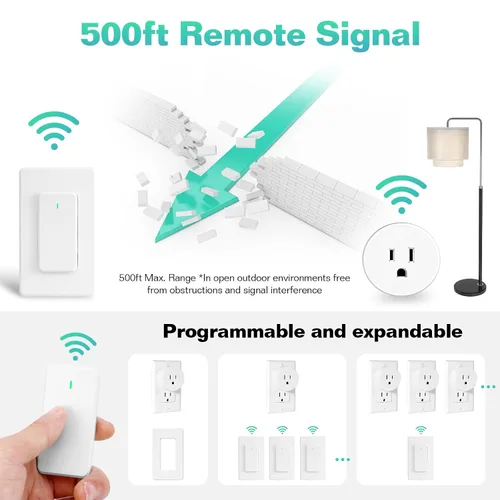 Vista 4 de Toma de interruptor remoto, enchufe de salida de control remoto de 15 A/1500 W con interruptor, interruptor de luz inalámbrico de encendido/apagado