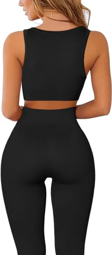 Vista 2 de QINSEN Conjuntos de entrenamiento para mujer, 2 piezas, acanalados, sin costuras, sin mangas, cintura alta, leggings de yoga