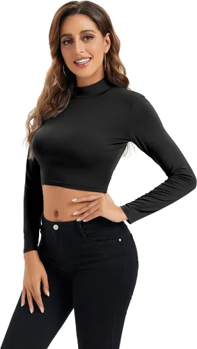 Vista 3 de Camisetas cortas de manga larga para mujer, ligeras, con cuello alto falso, capa base