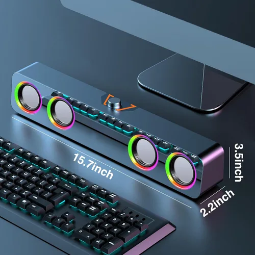 Vista 7 de Elimavi Altavoces de computadora para PC de escritorio, altavoces de 2.0 canales con iluminación LED estática y control de volumen, con una entrada