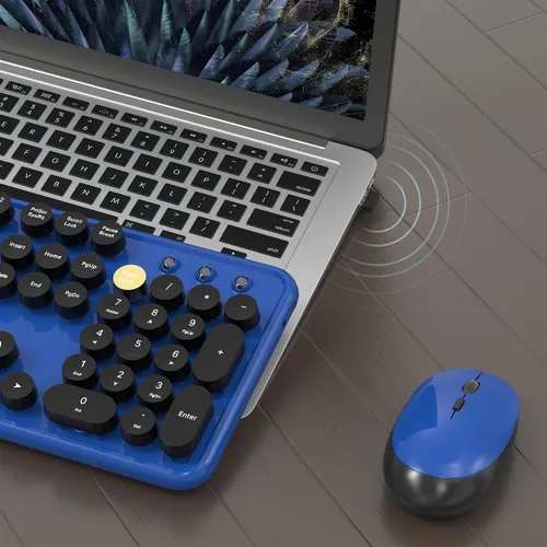Vista 4 de MPTOG Combo de teclado y mouse inalámbrico de computadora colorido con teclas redondas estilo máquina de escribir, diseño retro, interruptor