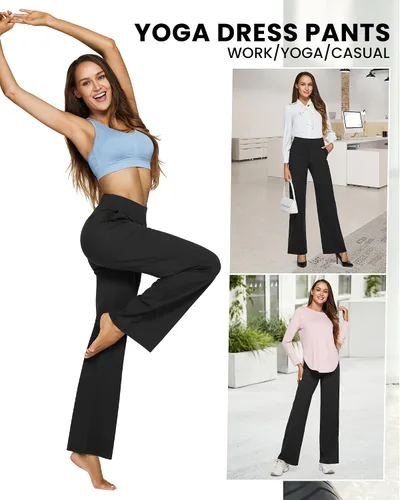 Vista 3 de G4Free Pantalones de pierna ancha para mujer, pantalones de vestir de yoga con bolsillos, cintura alta, pantalones deportivos casuales de trabajo