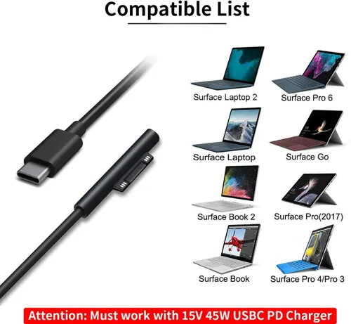 Vista 8 de Cable de carga USB C de 10 pies para Microsoft Surface Pro