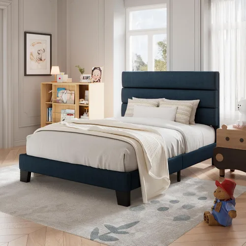 Vista 37 de Allewie Base de cama de plataforma de tamaño individual con cabecera tapizada de tela y soporte de listones de madera, base de colchón totalmente