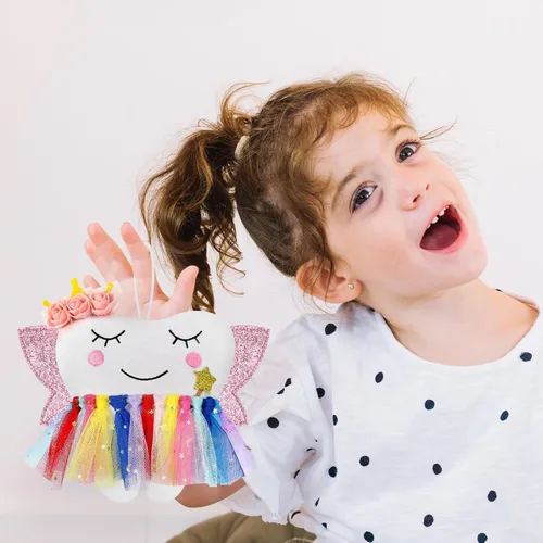 Vista 2 de free-space Almohada de hadas de dientes con bolsillo para niñas, alas brillantes, bolsa de hadas, regalo de recuerdo para niña (colorido)