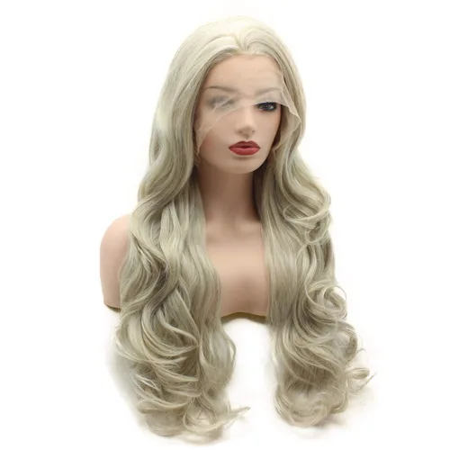 Vista 2 de Peluca de cabello ondulado largo de 26 pulgadas, dos tonos, mezcla de rubio blanco, resistente al calor, densidad pesada, realista, peluca de encaje