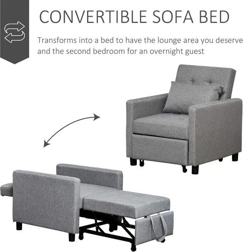 Vista 6 de HOMCOM Sofá convertible tumbona de cama multifuncional reclinable con tela tapizada copetuda, respaldo de ángulo ajustable y almohada, color gris