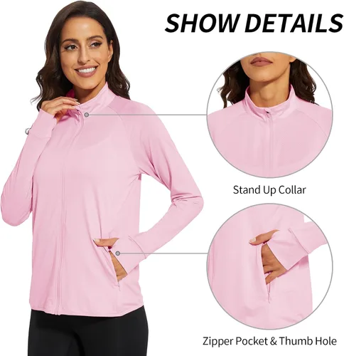 Vista 5 de CRYSULLY Camisas de protección solar UPF 50+ para mujer, de secado rápido, chaqueta de manga larga con bolsillos con cremallera, senderismo, correr
