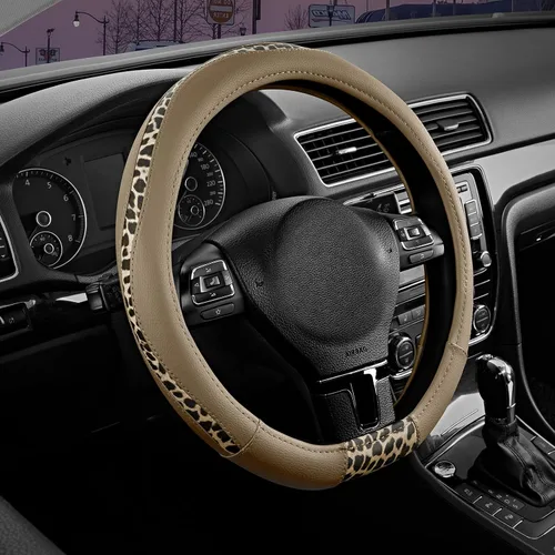 Vista 17 de Road Comforts Funda para volante, cubierta de volante de parte inferior plana hecha con piel de PVC y tela de leopardo, ajuste universal