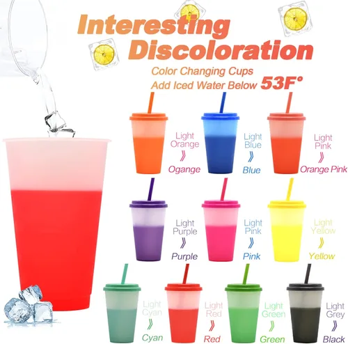 Vista 2 de FIEKEICC Vasos que cambian de color, 10 vasos de plástico de 12 onzas con tapas y pajitas para batidos de café helado, vasos reutilizables a prueba