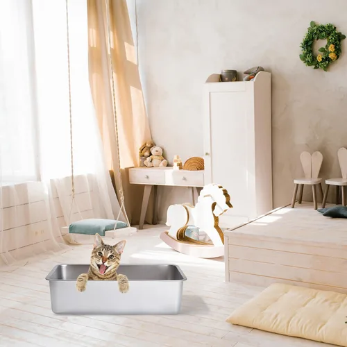 Vista 7 de Caja de arena para gatos de acero inoxidable con lados altos, nunca absorbe olores, manchas ni se oxida, superficie lisa antiadherente para gatos