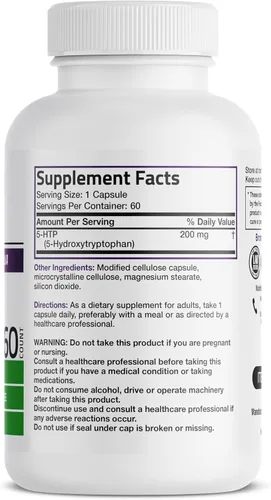 Vista 2 de Bronson 5-HTP 200mg (5-hidroxitriptófano) Griffonia Simplicifolia Sin OMG, 60 Cápsulas Vegetarianas