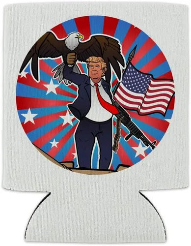 Vista 2 de Patriótico Donald Trump con águila bandera estadounidense enfriador de latas - Funda aislante plegable para bebidas - Soporte aislado para bebidas