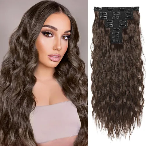 Vista 31 de REECHO Extensiones de cabello con clip, 5 piezas, de 24 pulgadas, de color rubio ceniza, extensiones de cabello con ondas largas y sueltas, HE002
