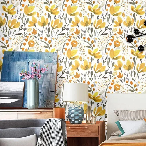 Vista 2 de Blooming Wall Papel tapiz autoadhesivo autoadhesivo con diseño de acuarela transparente transparente amarillo fresco floral Kapok