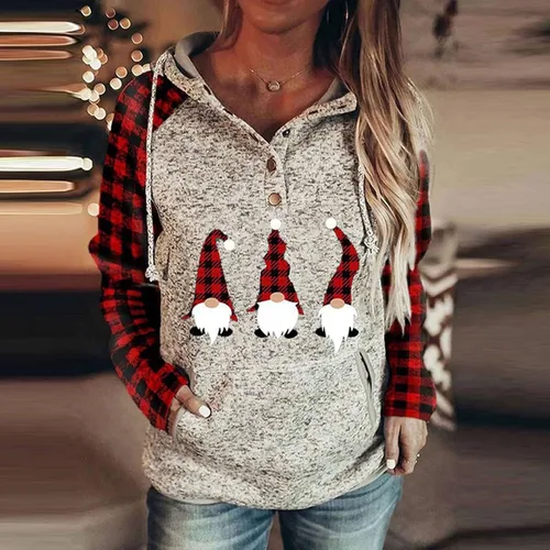Vista 5 de Women's Long Sleeve Xmas Sweatshirt Plaid Raglan Hooded Tops Patchwork Christmas Pullover Hoodies Autumn Tops