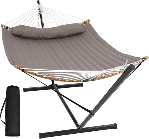Vista 16 de SUNCREAT Hamaca doble con soporte incluido, hamaca portátil con soporte y almohada grande, rayas azules