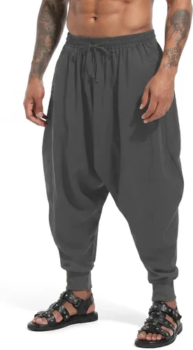 Vista 17 de perdontoo Pantalones harén para hombre, ajuste holgado, cintura elástica, cordón ajustable, pantalones hippie Aladdin beige