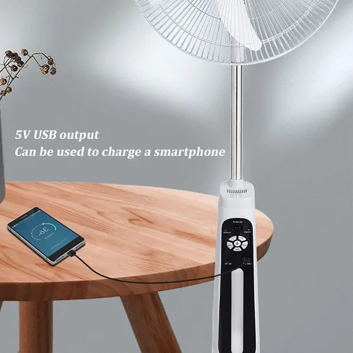 Vista 4 de Ventilador de pie oscilante solar de 16 pulgadas, ventilador de piso de pedestal con luz LED con panel solar de 5 aspas para el hogar, dormitorio